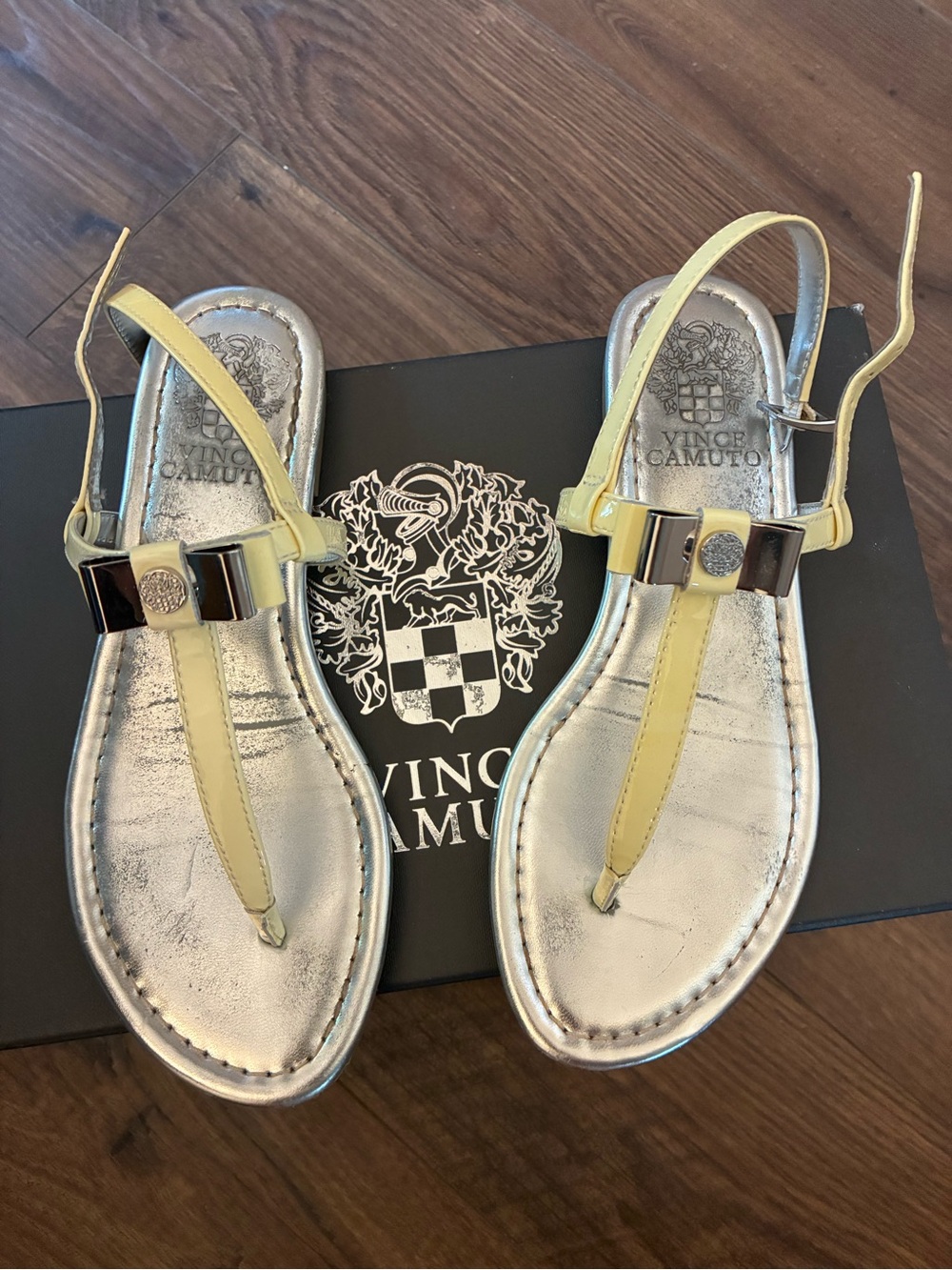 Vince Camuto Pale Yellow T-Strap Sandals with Metallic Footbed